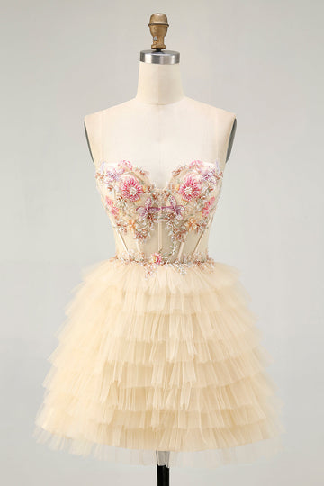 Apricot Spaghetti Straps Corset A Line Ruffled Homecoming Dress
